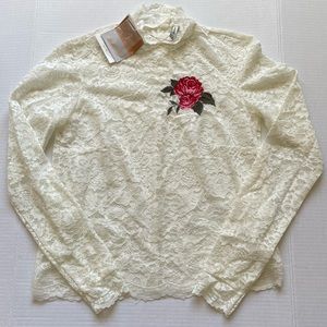 White Lace Long Sleeve Top with Floral Embroidery